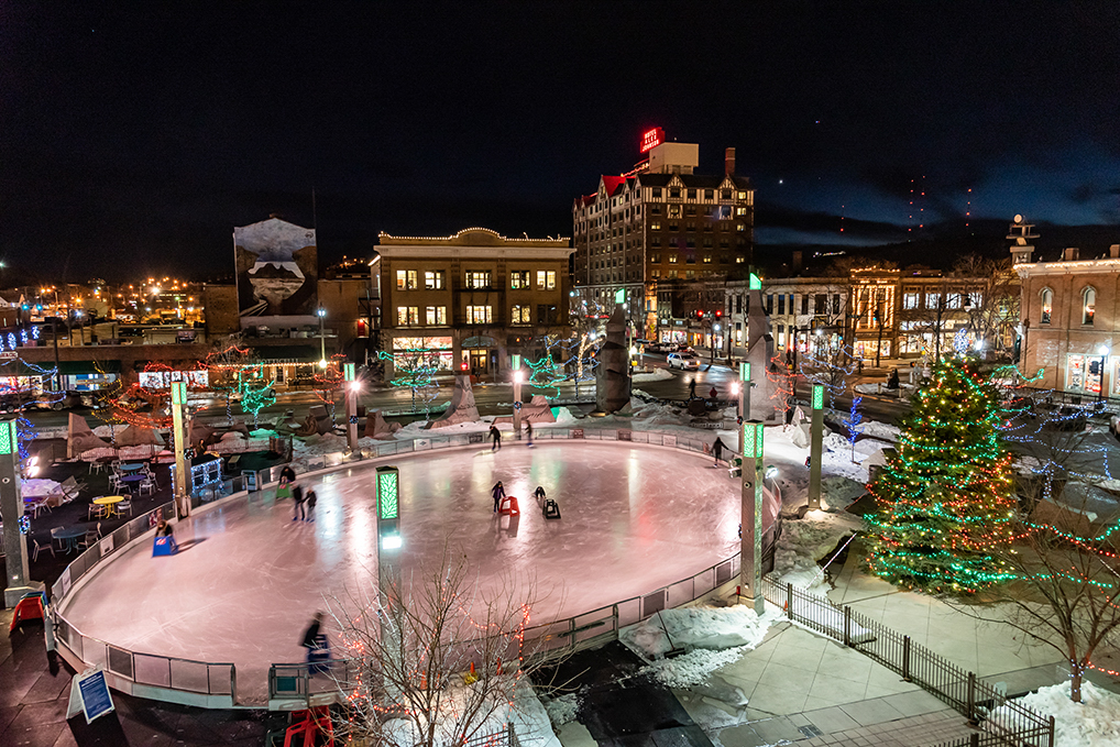 Ice skating at Main Street Square during the winter.